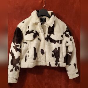 Cow Print Cropped Faux FurJacket - White and Brown